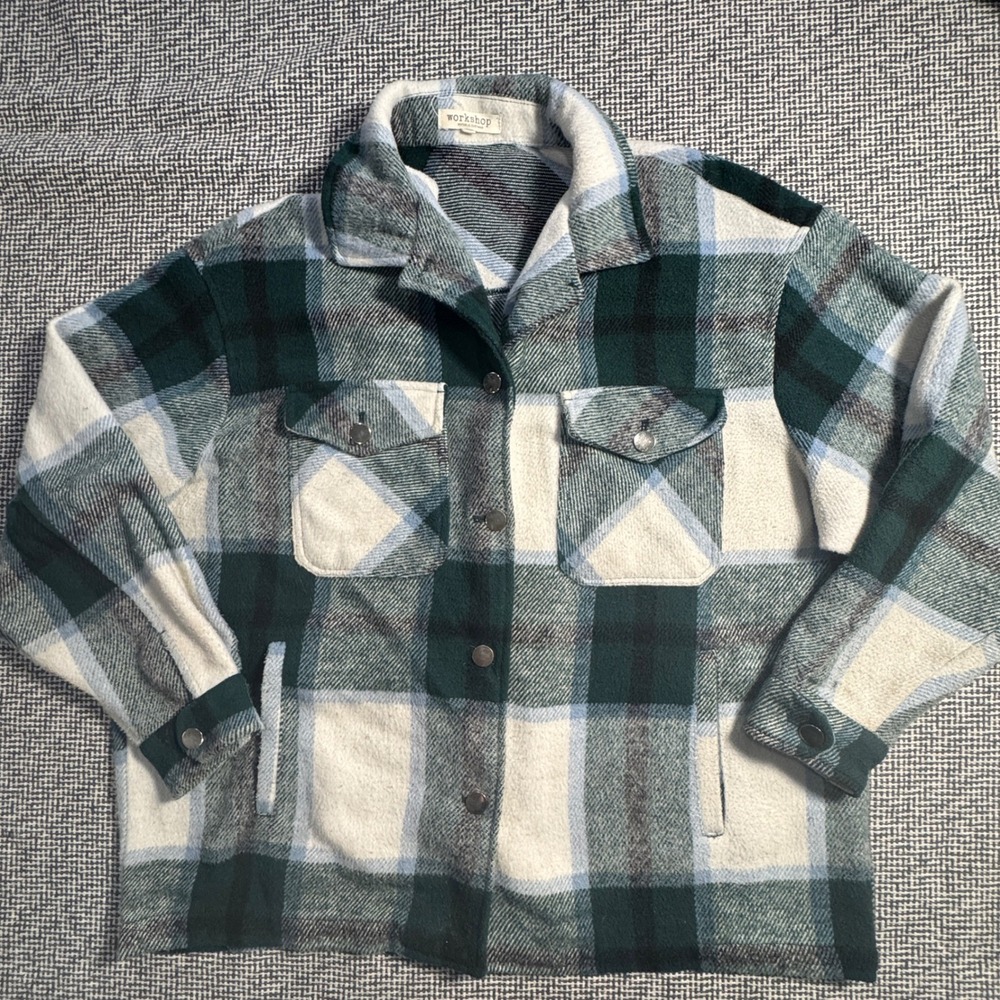 Workshop Republic Clothing Womens Green Plaid Fleece Shacket Snap Button Large